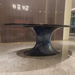 Deep Blue Natural Wood Veneer Oval Dining Table with Art Inlay